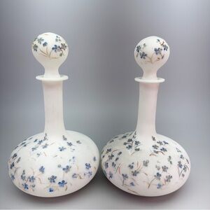 Antique Victorian HandPainted Milk Glass Decanters Barber Dresser Bottles